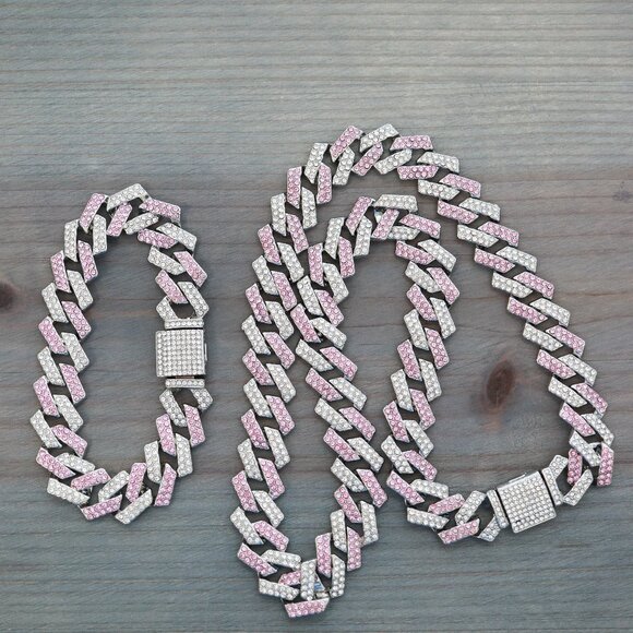 15mm Miami Cuban Ice Curb Diamond Chain Pink/Clear/Silver Plated Jewelry Set N+B - Picture 2 of 3